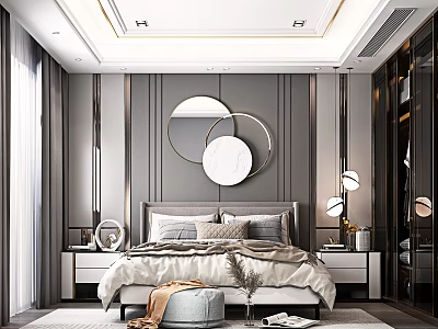 Elegant Modern Bedroom Interior Design With Gray Walls Circular Mirrors Headboard And Nightstand Lamps 3d model