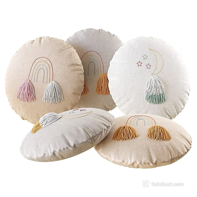 Decorative Round Throw Pillows With Rainbow Moon Star Patterns And Tassels 3d model 