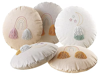 Decorative Round Throw Pillows With Rainbow Moon Star Patterns And Tassels 3d model