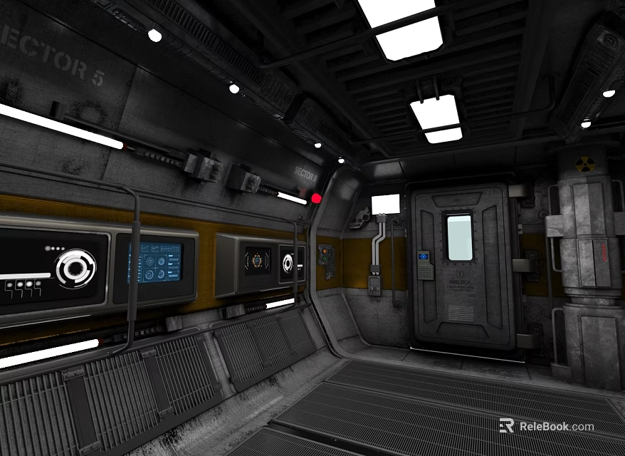 Section 5 Industrial Sci Fi Elevator Corridor With Metallic Walls Control Panels And Ceiling Lights 3d model 