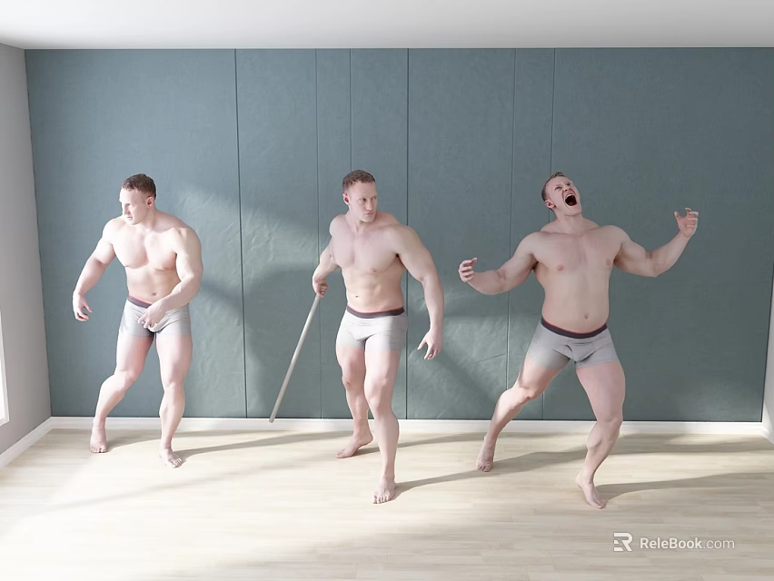 Three Shirtless Men In Grey Underwear Posing Dynamically In Indoor Wooden Floor Room 3d model 
