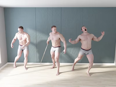 Three Shirtless Men In Grey Underwear Posing Dynamically In Indoor Wooden Floor Room 3d model