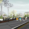Modern Urban Public Space Featuring Curved Walkways Greenery Trees And Seating Areas