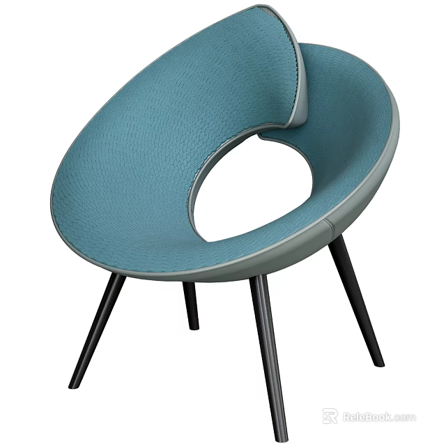 Modern Blue Fabric Accent Chair With Unique Circular Backrest And Black Legs 3d model 