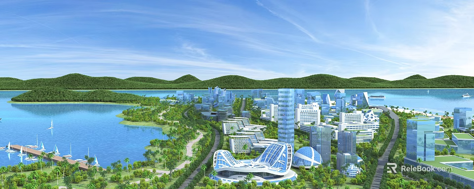 Aerial Planning of Modern City with Lake Green Areas High Rise Buildings and Roads 3d model 