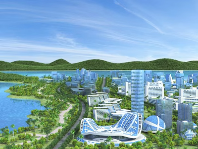 Aerial Planning of Modern City with Lake Green Areas High Rise Buildings and Roads 3d model