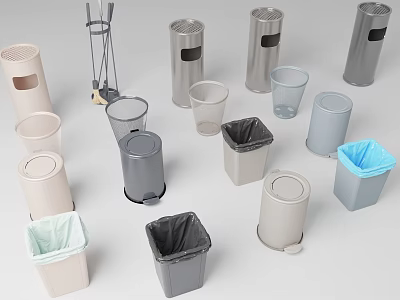 Various Types Of Trash Bins In Different Colors And Designs For Home Use 3d model