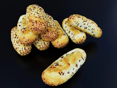 Golden Brown Bread Sticks Topped With Sesame Seeds Arranged In A Stack On Black Background 3d model