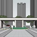 Main Entrance Gate with Covered Structure Modern High Rise Buildings Landscaped Greenery and Pedestrians Nearby
