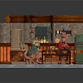 Cartoon Kitchen Scene With Stone Walls Wooden Cabinets Vintage Fridge And Cartoon Characters