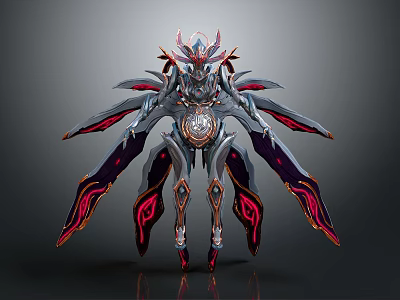 Intricate Sci Fi Mechanical Creature With Metallic Wings And Red Accents 3d model