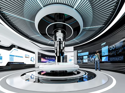 Futuristic Modern Exhibition Hall Interior With Digital Screens And Circular Design 3d model