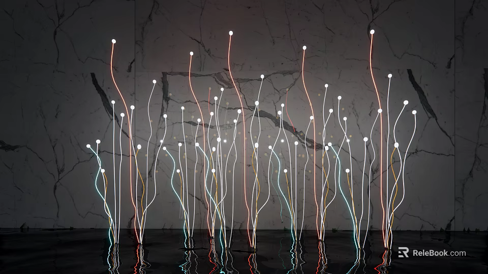 Colorful Slender Linear Outdoor Lights With Reflective Base And Dark Marble Background 3d model 
