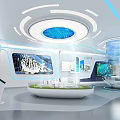 Modern Tech Exhibition Hall Interior With City Model Digital Displays Curved Design And Blue Lighting