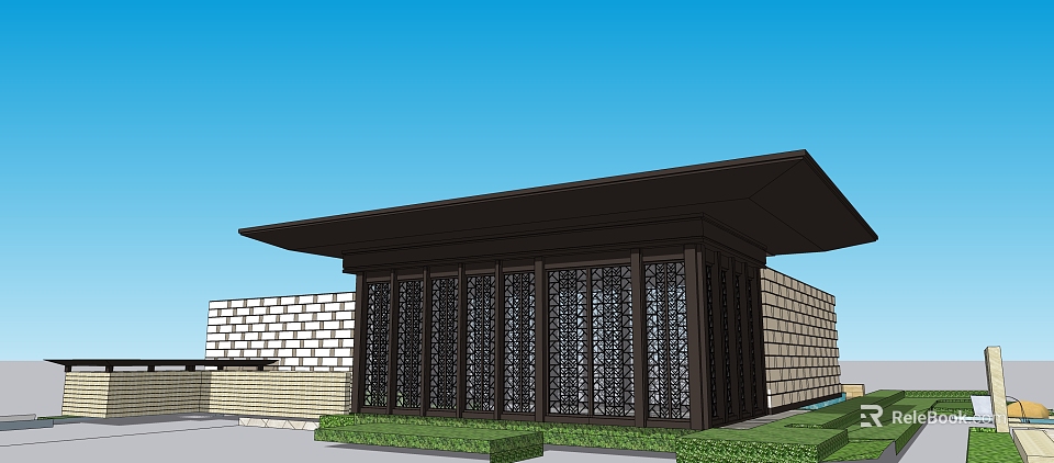 Modern Building with Dark Roof Lattice Windows White Brick Wall and Green Lawn 3d model 