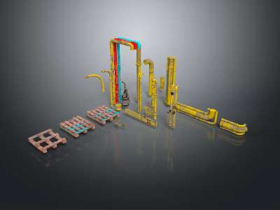 Industrial Machinery Components Featuring Yellow Red Structural Frames And Metal Pallets 3d model