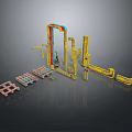 Industrial Machinery Components Featuring Yellow Red Structural Frames And Metal Pallets