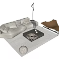 Modern Beige Sofa And Coffee Table Set With Intricate Design Area Rug And Accent Chair