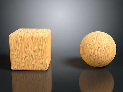 Wooden Cube And Sphere With Natural Wood Grain On Black Glossy Surface 3d model