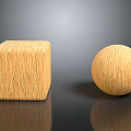 Wooden Cube And Sphere With Natural Wood Grain On Black Glossy Surface