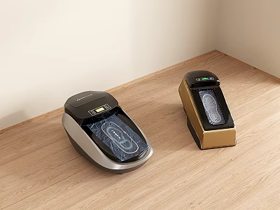 Two Modern Automatic Shoe Cover Dispensers For Home Use On Wooden Floor 3d model