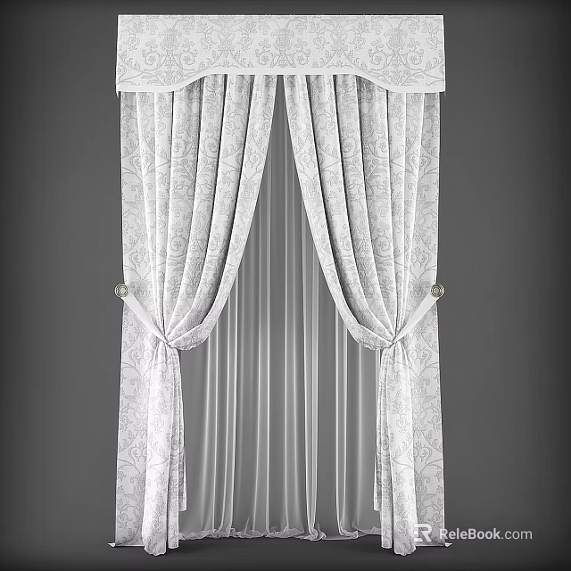 Elegant White Floral Curtains With Valance Sheer Panels And Tiebacks 3d model 