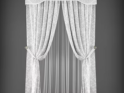 Elegant White Floral Curtains With Valance Sheer Panels And Tiebacks 3d model