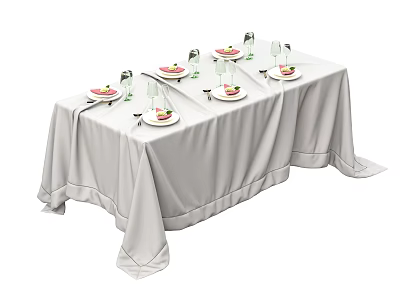 Elegant Dining Table With Gray Tablecloth Plates Wine Glasses And Cutlery 3d model