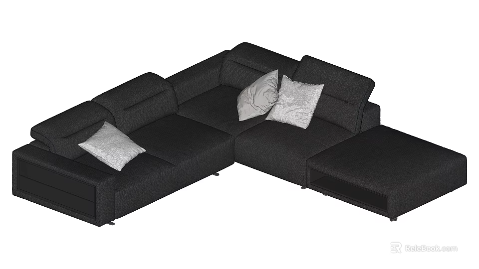 Spacious Black L shaped Sectional Sofa With Decorative Throw Pillows 3d model
