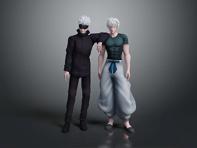 Two White Haired Male Characters In Different Outfits Standing Together 3D Render 3d model