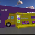 Vibrant Bus Stop with Logo Station Yellow Truck Purple Seats and Welcome Sign