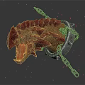 Red Brown Creature Head With Spiked Metal Collar And Chain Against Dark Background