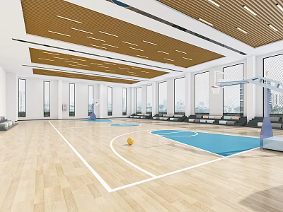 Modern Indoor Basketball Court With Wooden Flooring Marked Lines Hoop And Large Windows 3d model