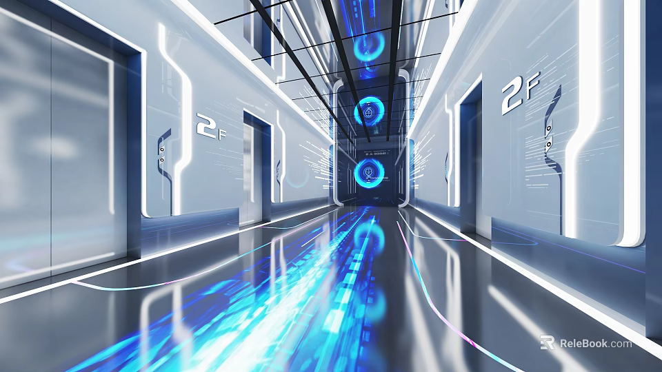 Futuristic Elevator Hallway With 2F Doors Blue Circular Lights And Reflective Blue Floor Lines 3d model 