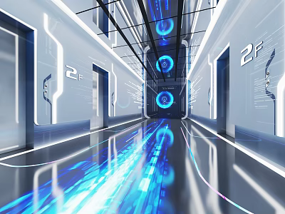 Futuristic Elevator Hallway With 2F Doors Blue Circular Lights And Reflective Blue Floor Lines 3d model