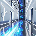 Futuristic Elevator Hallway With 2F Doors Blue Circular Lights And Reflective Blue Floor Lines
