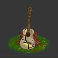 Hand Painted Decorative Guitar as Household Item on Tree Stump with Green Grass and Flowers