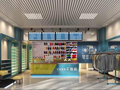 Dry Cleaning Chain Store Interior With Displayed Shoes Hanging Clothes Counter And Screens 3d model