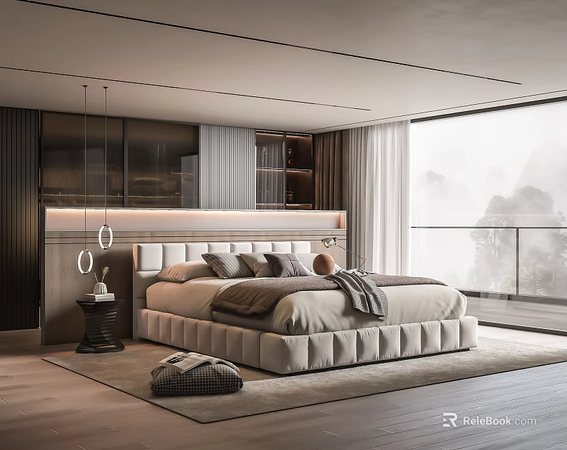 Modern Double Bed Interior With Upholstered Headboard Soft Bedding And Mountain View Window 3d model 