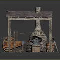 Traditional Handcraft Workshop With Brick Stove Burning Coals Wooden Barrels And Stone Mill