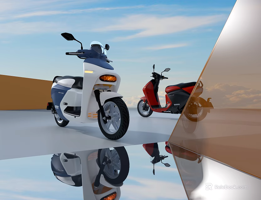 White And Red Modern Electric Scooters Parked On Reflective Floor With Blue Sky Background 3d model 