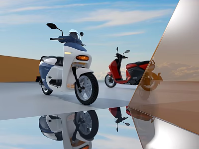 White And Red Modern Electric Scooters Parked On Reflective Floor With Blue Sky Background 3d model