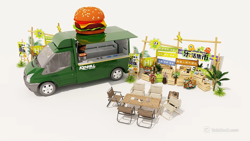Lohas Market Photo Spot With Green Burger Food Truck Tables And Flower Stands 3d model 