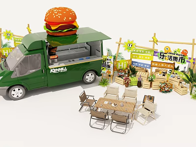 Lohas Market Photo Spot With Green Burger Food Truck Tables And Flower Stands 3d model
