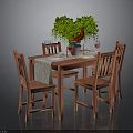 Wooden Dining Table With Four Chairs Green Plant Red Wine Glasses Tableware And Tablecloth