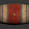 Wooden Wine Barrel with Red Fabric and Metal Hoops on Stone Stands