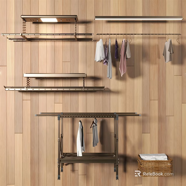 Metal Clothes Rack With Hanging Colored Clothes And Wooden Wall Interior 3d model 
