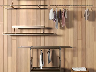 Metal Clothes Rack With Hanging Colored Clothes And Wooden Wall Interior 3d model