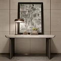 Elegant Console Table With Marble Top Metal Legs Table Lamp Glass Vase And Small Plant