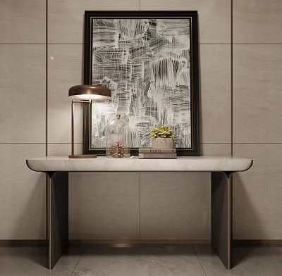 Elegant Console Table With Marble Top Metal Legs Table Lamp Glass Vase And Small Plant 3d model